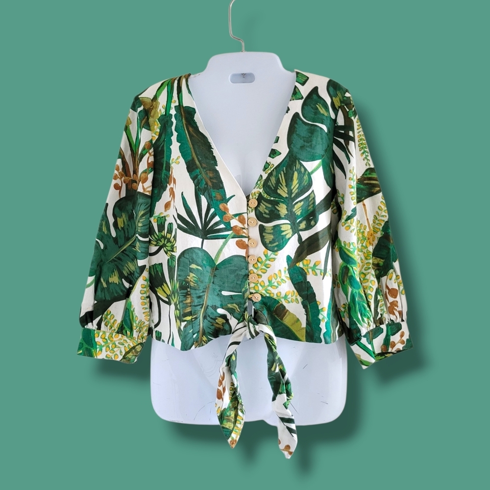 Joie | Cute White/Green Tropical Boho Self-Tie Cropped Linen Blend Top